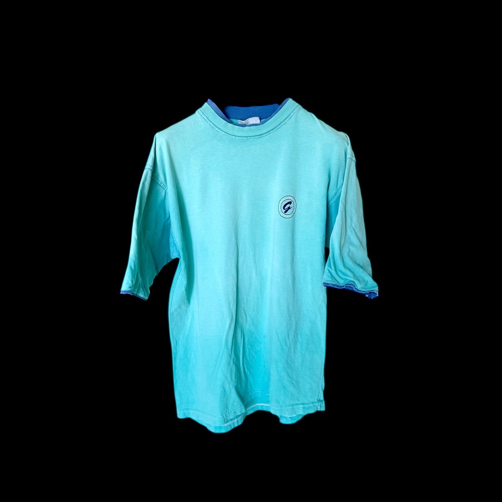Vintage Gitano 90's Teal Green Blue Layered Look T-Shirt Medium Distressed